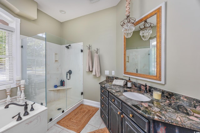 2278 Big Landing Dr, Little River, SC 29566 - full bathroom featuring a garden tub, vanity, tile patterned floors, and a stall shower