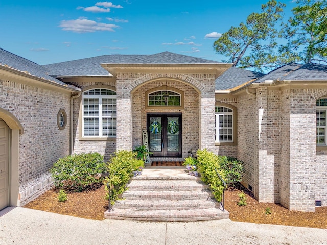 2278 Big Landing Dr, Little River, SC 29566 - doorway to property with french doors, brick siding, and roof with shingles
