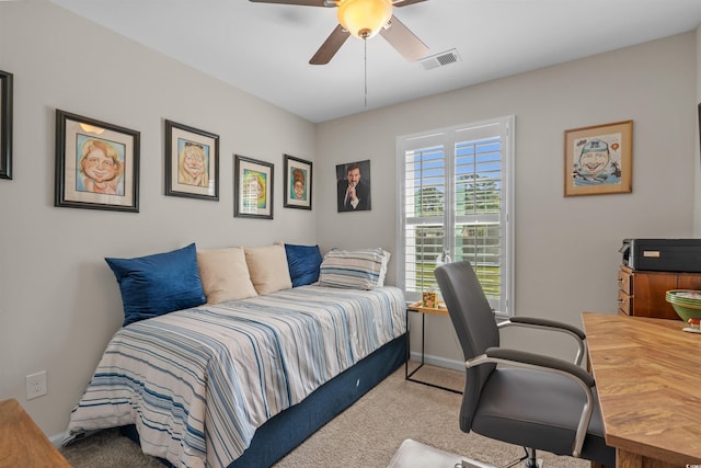 bedroom with visible vents, baseboards, ceiling fan, and carpet floors