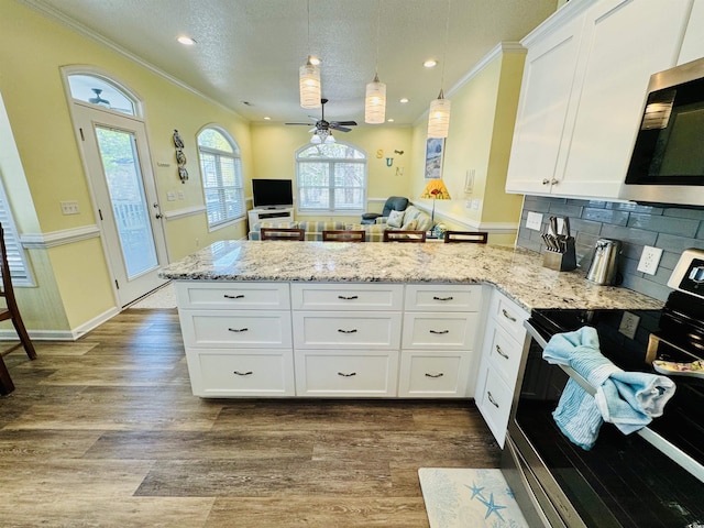 6001-1322 S Kings Hwy, Myrtle Beach, SC 29575 - kitchen with stainless steel appliances, a peninsula, white cabinetry, dark wood-style flooring, and crown molding