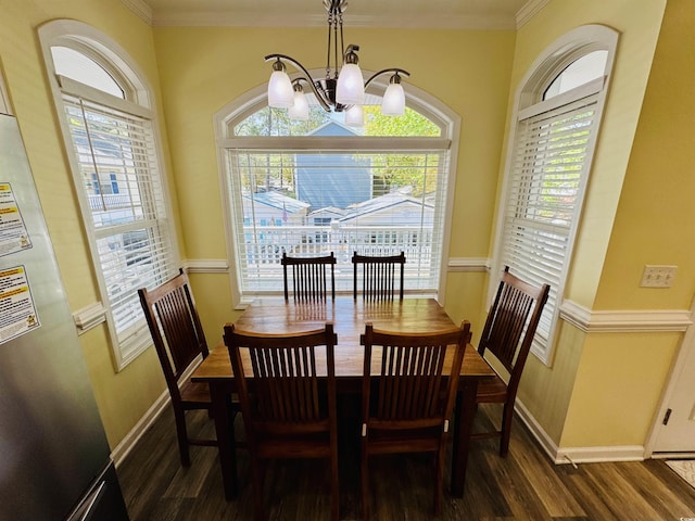 6001-1322 S Kings Hwy, Myrtle Beach, SC 29575 - dining room with dark wood-style floors, a chandelier, baseboards, and ornamental molding