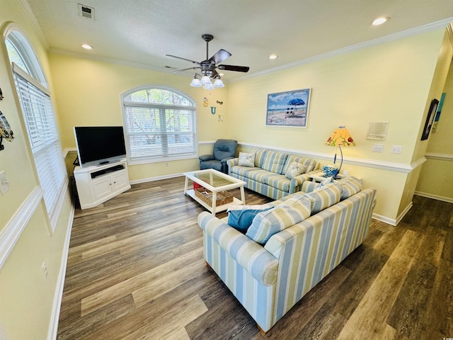 6001-1322 S Kings Hwy, Myrtle Beach, SC 29575 - living room featuring ceiling fan, wood finished floors, ornamental molding, recessed lighting, and baseboards
