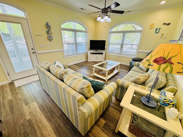6001-1322 S Kings Hwy, Myrtle Beach, SC 29575 - living room with crown molding, wood finished floors, ceiling fan, and baseboards