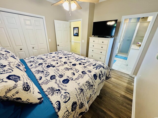 6001-1322 S Kings Hwy, Myrtle Beach, SC 29575 - bedroom featuring wood finished floors, a closet, a ceiling fan, and crown molding