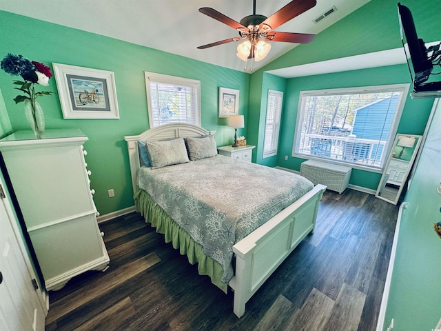 6001-1322 S Kings Hwy, Myrtle Beach, SC 29575 - bedroom with lofted ceiling, dark wood-style flooring, baseboards, and ceiling fan