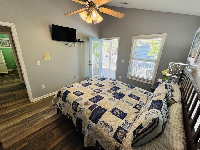 6001-1322 S Kings Hwy, Myrtle Beach, SC 29575 - bedroom featuring dark wood finished floors, access to outside, vaulted ceiling, baseboards, and a ceiling fan
