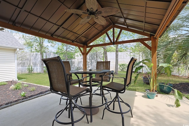 view of patio / terrace featuring a ceiling fan, a fenced backyard, and outdoor dining area