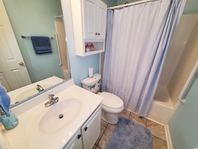 bathroom featuring tile patterned flooring, toilet, vanity, and shower / tub combo with curtain
