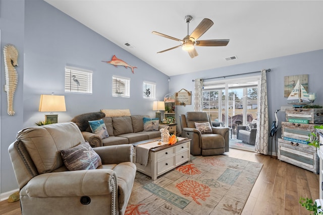 328 Logan St, Little River, SC 29566 - living room featuring visible vents, ceiling fan, vaulted ceiling, and light wood-style floors