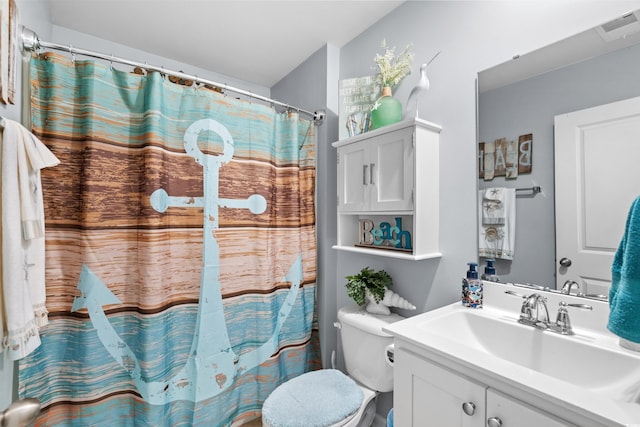328 Logan St, Little River, SC 29566 - bathroom featuring visible vents, toilet, a shower with curtain, and vanity