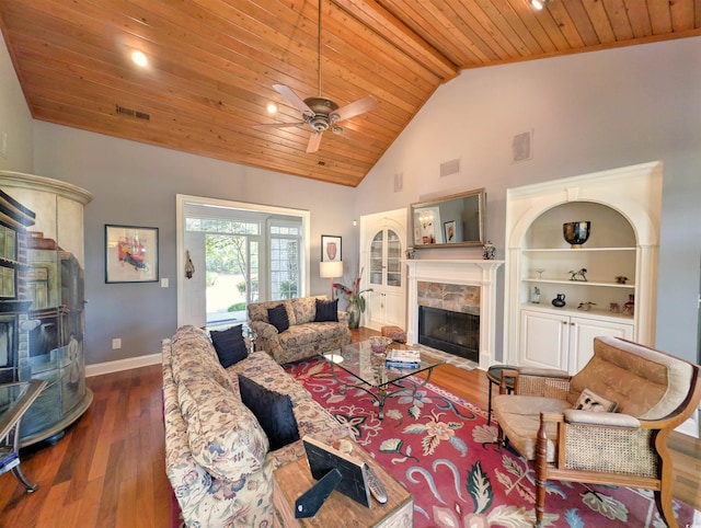 710 Masters Dr, Pawleys Island, SC 29585 - living room featuring a premium fireplace, wooden ceiling, visible vents, and ceiling fan