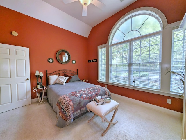 710 Masters Dr, Pawleys Island, SC 29585 - carpeted bedroom featuring lofted ceiling, baseboards, and ceiling fan