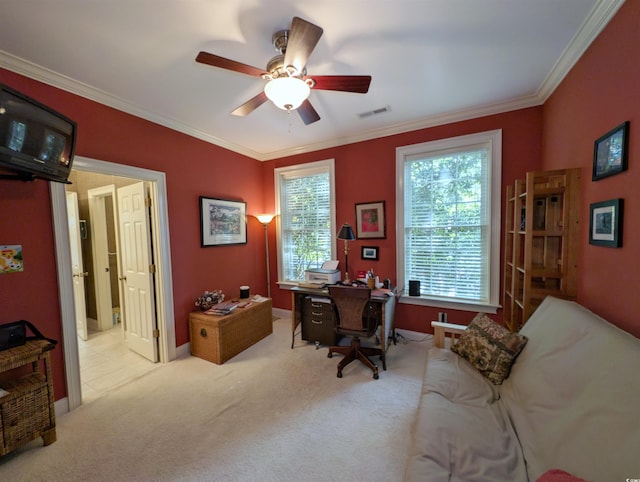 710 Masters Dr, Pawleys Island, SC 29585 - carpeted office space featuring ceiling fan, visible vents, baseboards, and ornamental molding