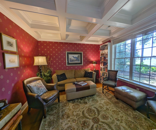 710 Masters Dr, Pawleys Island, SC 29585 - living room with wallpapered walls, wood finished floors, coffered ceiling, and crown molding