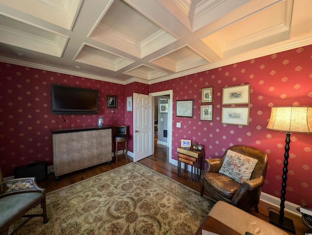 710 Masters Dr, Pawleys Island, SC 29585 - sitting room with wood finished floors, beam ceiling, crown molding, and coffered ceiling