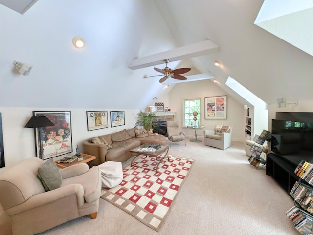 710 Masters Dr, Pawleys Island, SC 29585 - living area with lofted ceiling with beams, a ceiling fan, and carpet flooring