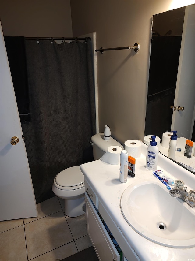 full bath with tile patterned floors, toilet, vanity, and a shower with shower curtain