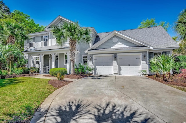 4964 Salt Creek Ct, North Myrtle Beach, SC 29582 - traditional home with a garage, a front yard, a porch, driveway, and a shingled roof