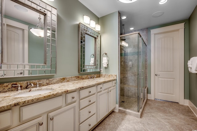 4964 Salt Creek Ct, North Myrtle Beach, SC 29582 - full bath featuring double vanity, a shower stall, tile patterned floors, and recessed lighting