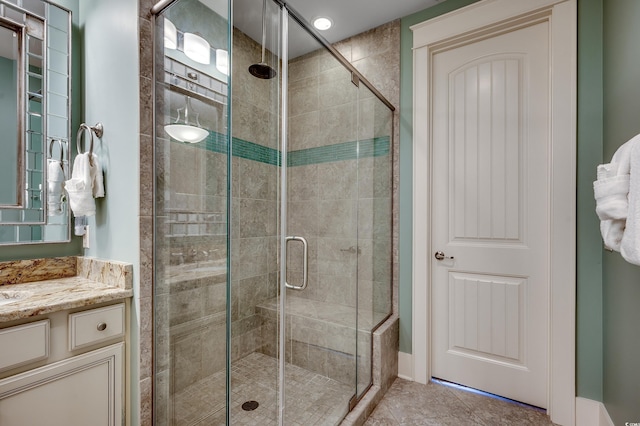 4964 Salt Creek Ct, North Myrtle Beach, SC 29582 - bathroom with a stall shower, vanity, and tile patterned flooring