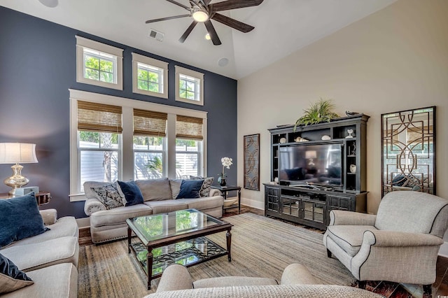 4964 Salt Creek Ct, North Myrtle Beach, SC 29582 - living room featuring high vaulted ceiling, a ceiling fan, and wood finished floors