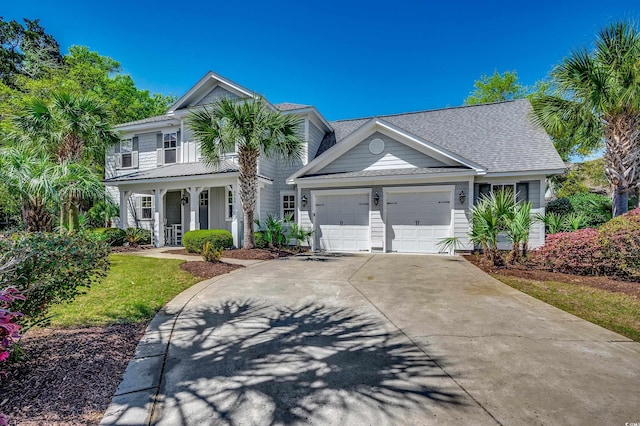 4964 Salt Creek Ct, North Myrtle Beach, SC 29582 - view of front of house with an attached garage, a porch, concrete driveway, and roof with shingles