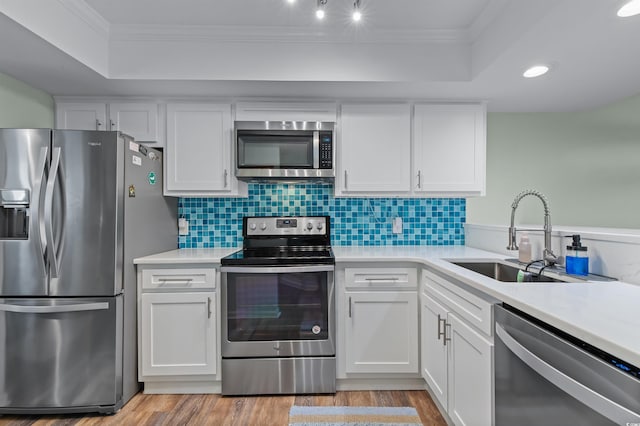 kitchen featuring a sink, a raised ceiling, crown molding, light countertops, and appliances with stainless steel finishes