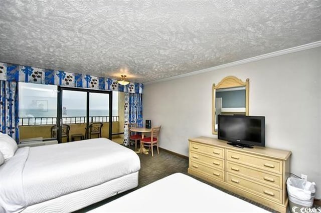 7100 N Ocean Blvd Unit 405, Myrtle Beach, SC 29572 - bedroom with carpet flooring, baseboards, ornamental molding, and a textured ceiling