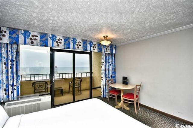 7100 N Ocean Blvd Unit 405, Myrtle Beach, SC 29572 - carpeted bedroom featuring access to exterior, baseboards, a water view, a textured ceiling, and radiator