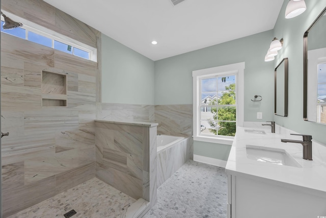 868 Crystal Water Way, Myrtle Beach, SC 29579 - bathroom featuring a garden tub, double vanity, recessed lighting, and a shower