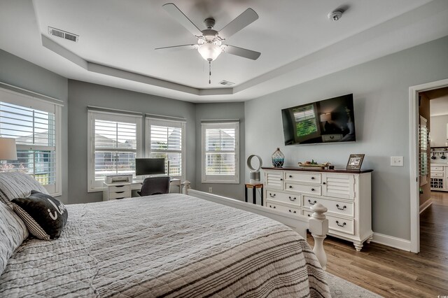 bedroom featuring a raised ceiling, multiple windows, wood finished floors, and baseboards