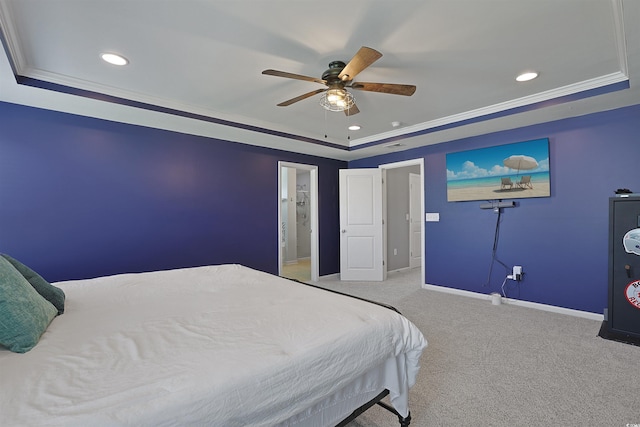 bedroom with baseboards, ceiling fan, recessed lighting, a tray ceiling, and carpet flooring