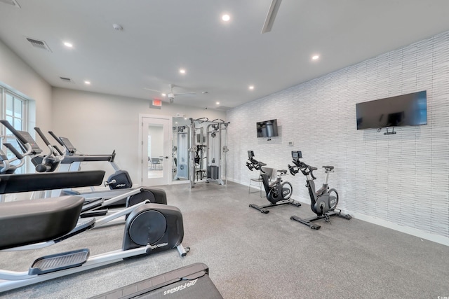 gym with recessed lighting, baseboards, and ceiling fan