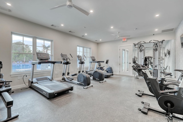 workout area with a ceiling fan, baseboards, and recessed lighting