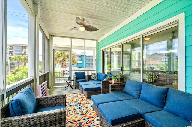 1010B S Ocean Blvd, Surfside Beach, SC 29575 - sunroom featuring a ceiling fan and an outdoor hangout area