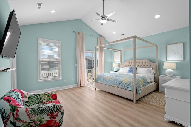 1010B S Ocean Blvd, Surfside Beach, SC 29575 - bedroom featuring light wood finished floors, access to outside, recessed lighting, ceiling fan, and high vaulted ceiling