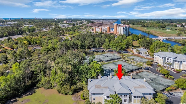 aerial view featuring a water view