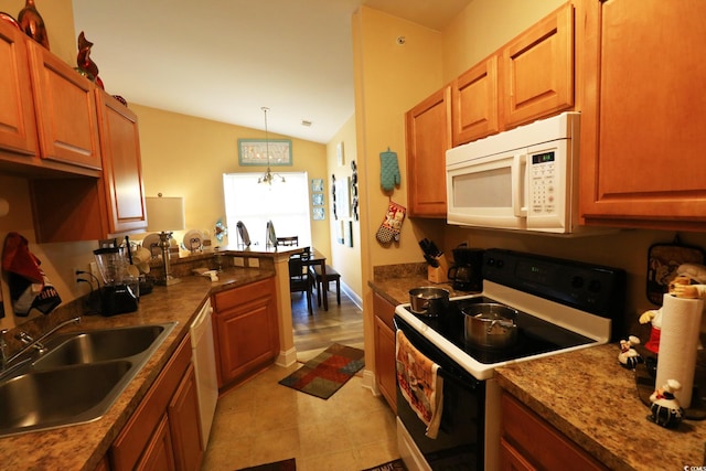 110 Portsmith Dr Unit 8, Myrtle Beach, SC 29588 - kitchen featuring electric stove, white microwave, a sink, lofted ceiling, and brown cabinets