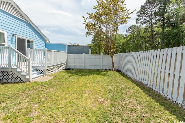 view of yard featuring a fenced backyard and a wooden deck