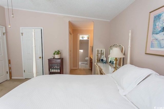 bedroom featuring light colored carpet, baseboards, crown molding, and a textured ceiling