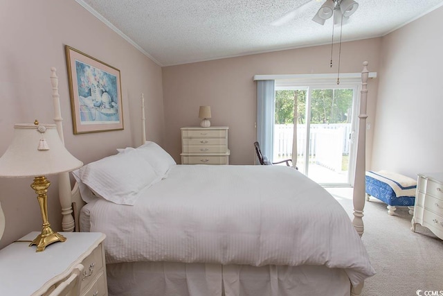 bedroom featuring crown molding, carpet floors, access to outside, and a textured ceiling