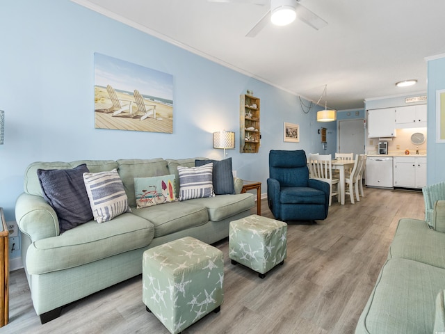 5000 N Ocean Blvd Unit B-1, North Myrtle Beach, SC 29582 - living area featuring light wood-type flooring, ornamental molding, baseboards, and ceiling fan