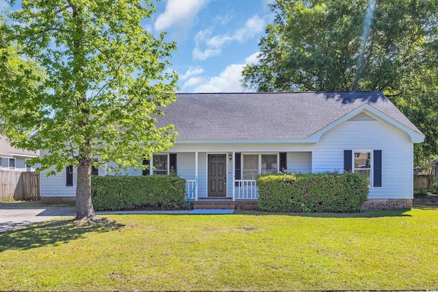 202 Berkshire Dr, Myrtle Beach, SC 29588 - ranch-style home with a porch, a front lawn, and roof with shingles