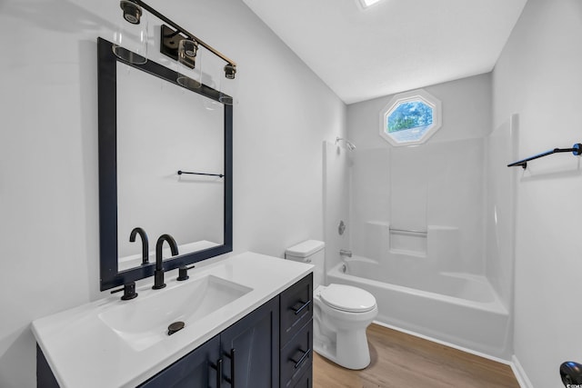 202 Berkshire Dr, Myrtle Beach, SC 29588 - full bathroom featuring wood finished floors, shower / bathing tub combination, vanity, toilet, and lofted ceiling
