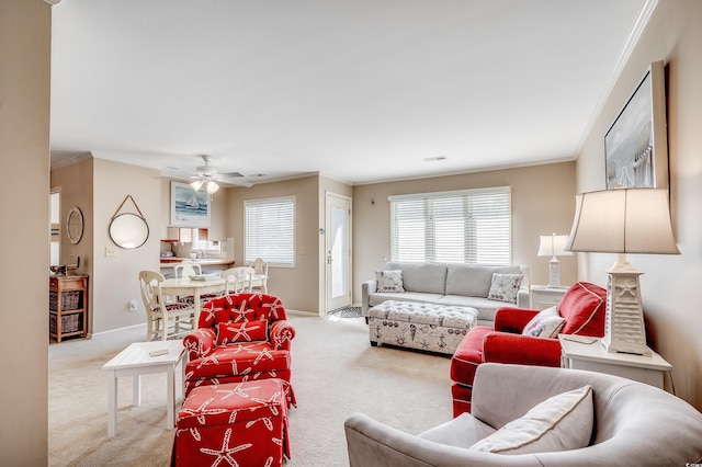 4504 S Ocean Blvd Unit A, North Myrtle Beach, SC 29582 - living room with carpet floors, baseboards, crown molding, and ceiling fan