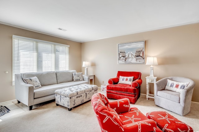 4504 S Ocean Blvd Unit A, North Myrtle Beach, SC 29582 - living area with crown molding, baseboards, visible vents, and carpet