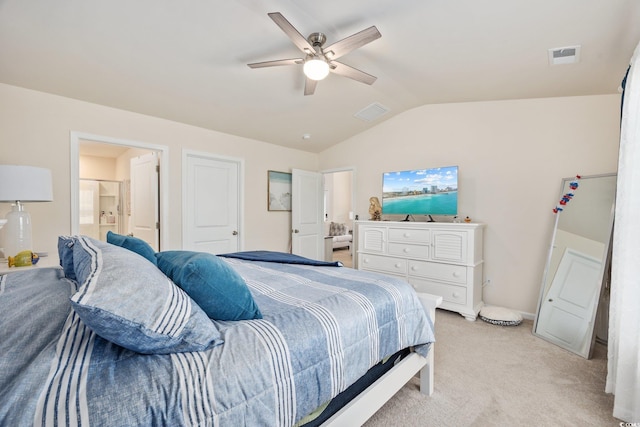351 Logan St, Little River, SC 29566 - bedroom with vaulted ceiling, light colored carpet, a ceiling fan, baseboards, and ensuite bathroom