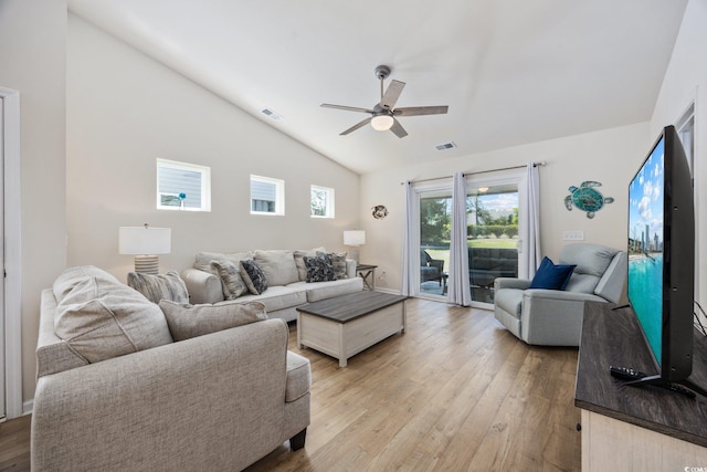 351 Logan St, Little River, SC 29566 - living area featuring vaulted ceiling, light wood-style floors, and a ceiling fan