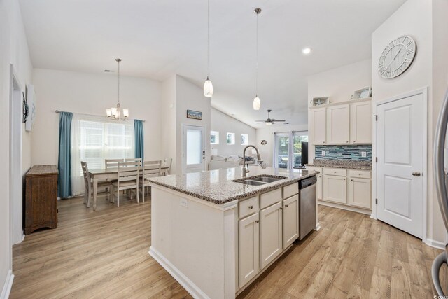 351 Logan St, Little River, SC 29566 - kitchen with a sink, stainless steel dishwasher, lofted ceiling, light wood-style flooring, and a ceiling fan