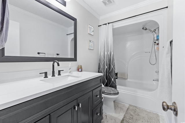 1869 Meadowood Ln, Longs, SC 29568 - full bath featuring toilet, visible vents, marble finish floor, crown molding, and vanity
